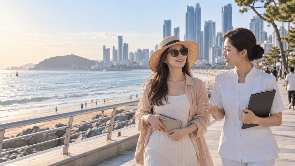 Two women walking along a seaside promenade, with a city skyline in the background. One woman is wearing a hat and sunglasses, while the other is dressed in a white outfit, both appear engaged in a conversation.