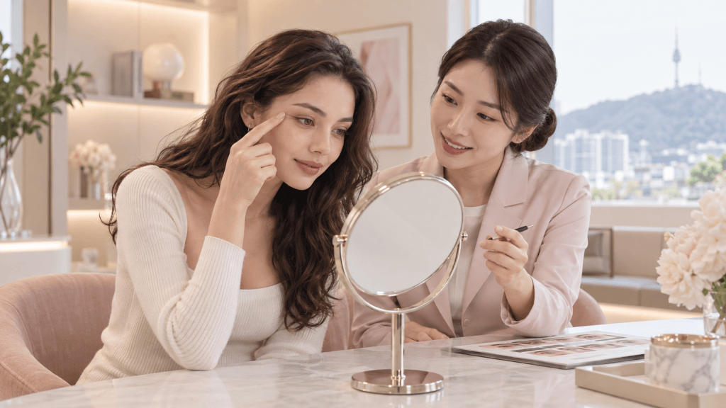 A woman is applying makeup while looking in a mirror, guided by another woman who is pointing toward her eye area. They are in a well-lit room with modern decor.