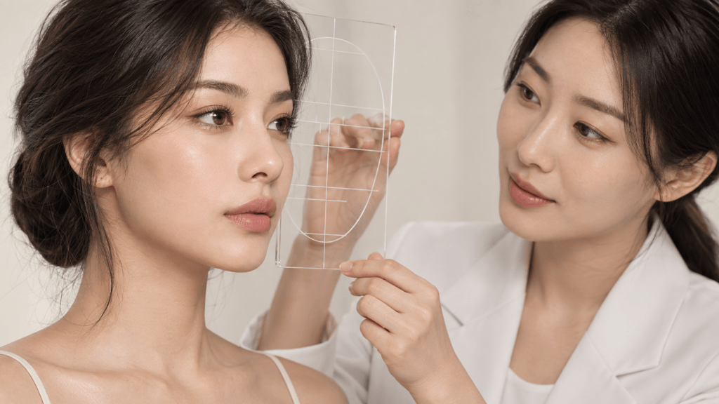 A beauty consultant assessing a client's facial features using a measurement tool.