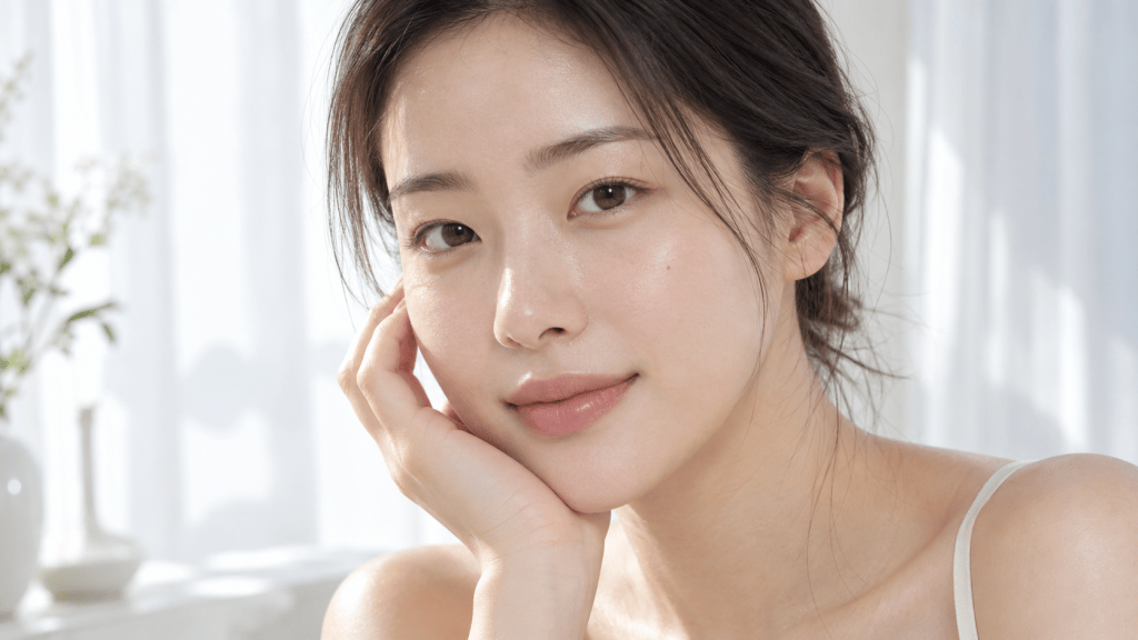 Close-up portrait of a woman with clean skin and a natural look, resting her chin on her hand, in a bright, softly-lit room with light curtains.