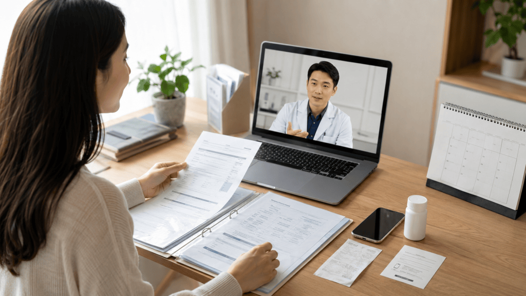 A woman sitting at a desk, looking at a laptop displaying a doctor in a video consultation. She has paperwork and a smartphone on the desk.