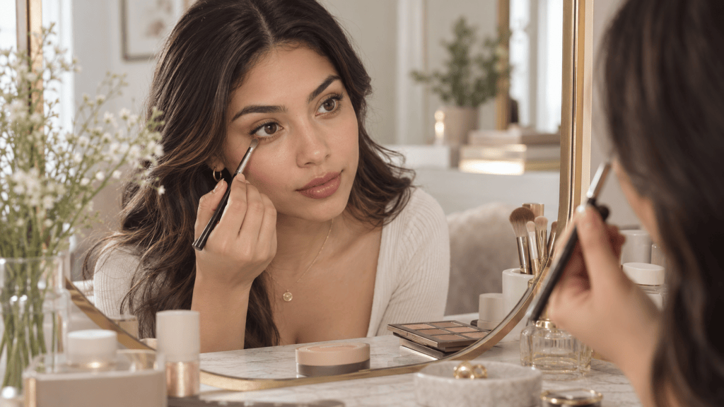 A woman applying makeup in front of a mirror, focusing on her eyes with a makeup brush, surrounded by various beauty products and a decorative floral arrangement.
