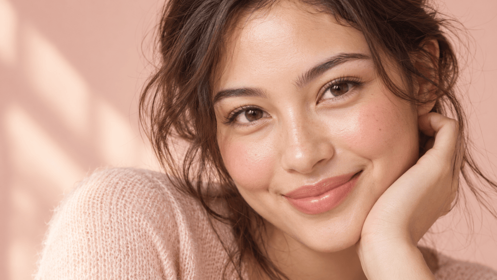 Close-up portrait of a smiling woman resting her chin on her hand against a soft pink background.