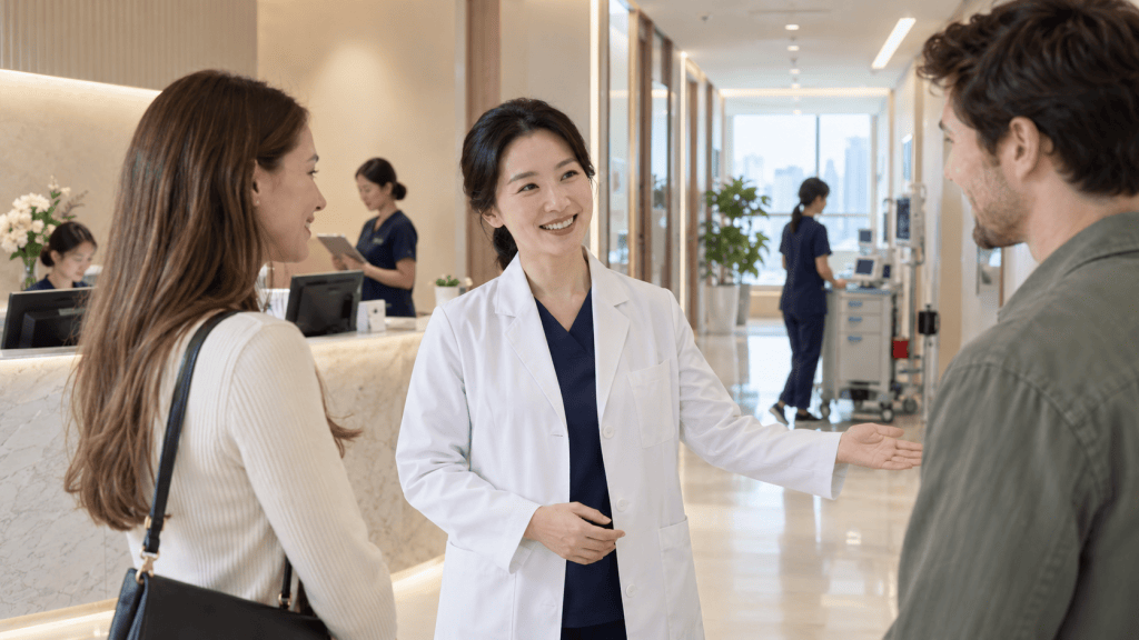 A healthcare professional in a white coat converses with a patient in a modern clinic, with nurses in the background.