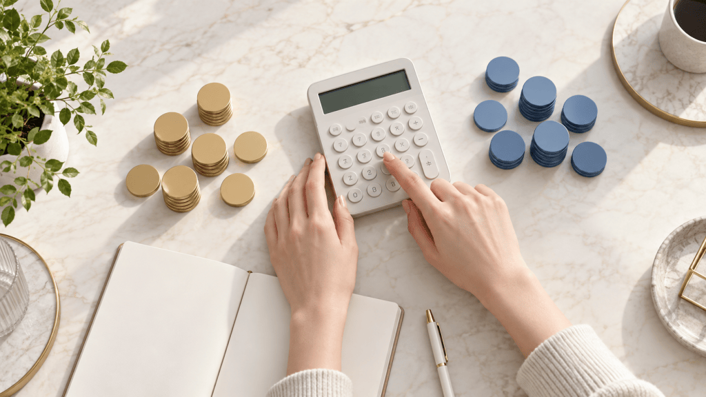 A person's hand using a calculator, surrounded by stacks of gold and blue tokens, a notebook, and a pen on a marble table.