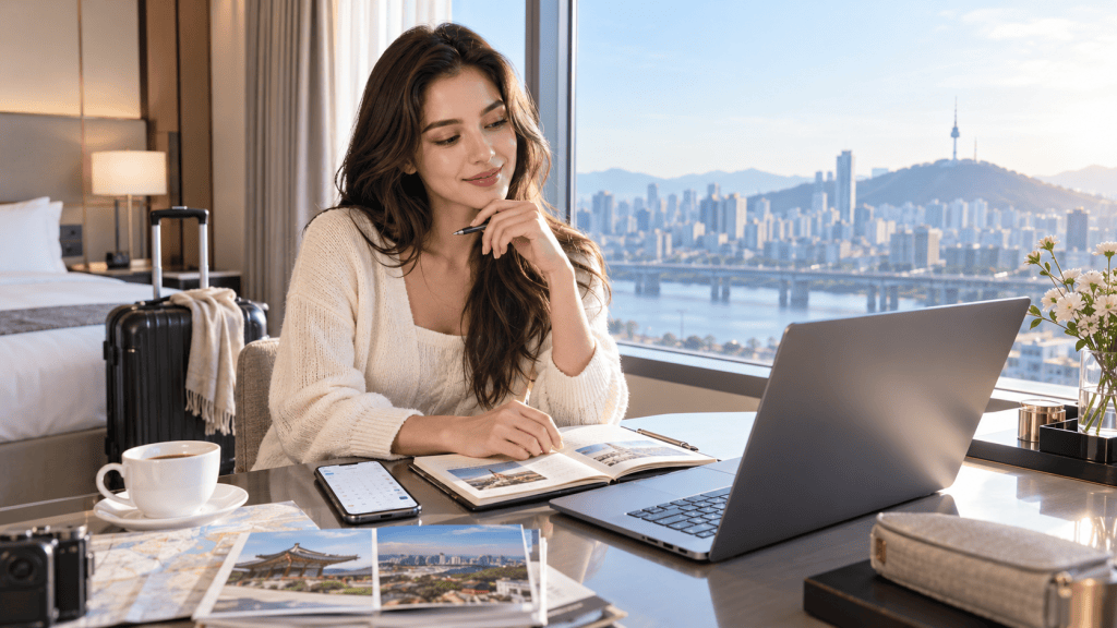 A woman sitting at a table in a hotel room, working on a laptop with a city view outside. She is holding a pen and looking thoughtfully at a notebook. A cup of coffee and travel materials are on the table, with a suitcase in the background.