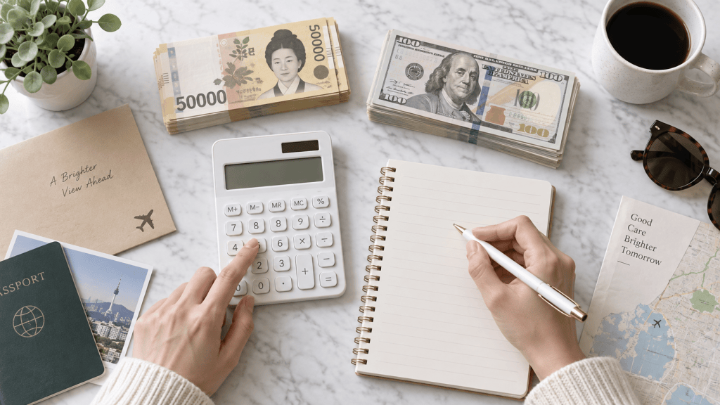 A workspace featuring a calculator, cash in various denominations, a passport, a notebook, a cup of coffee, and an envelope with the text 'A Brighter View Ahead'.