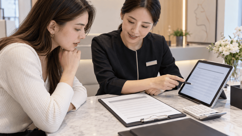 A professional woman showing a document on a tablet to another woman while seated at a marble table.