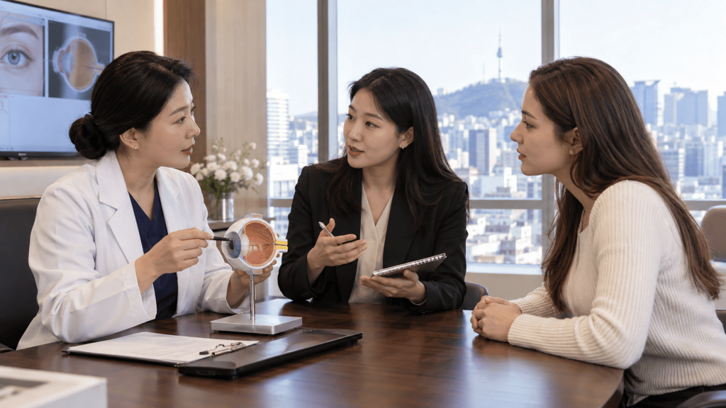 A medical professional in a white coat discussing eye anatomy with two women in a modern office setting, with a view of the city in the background.