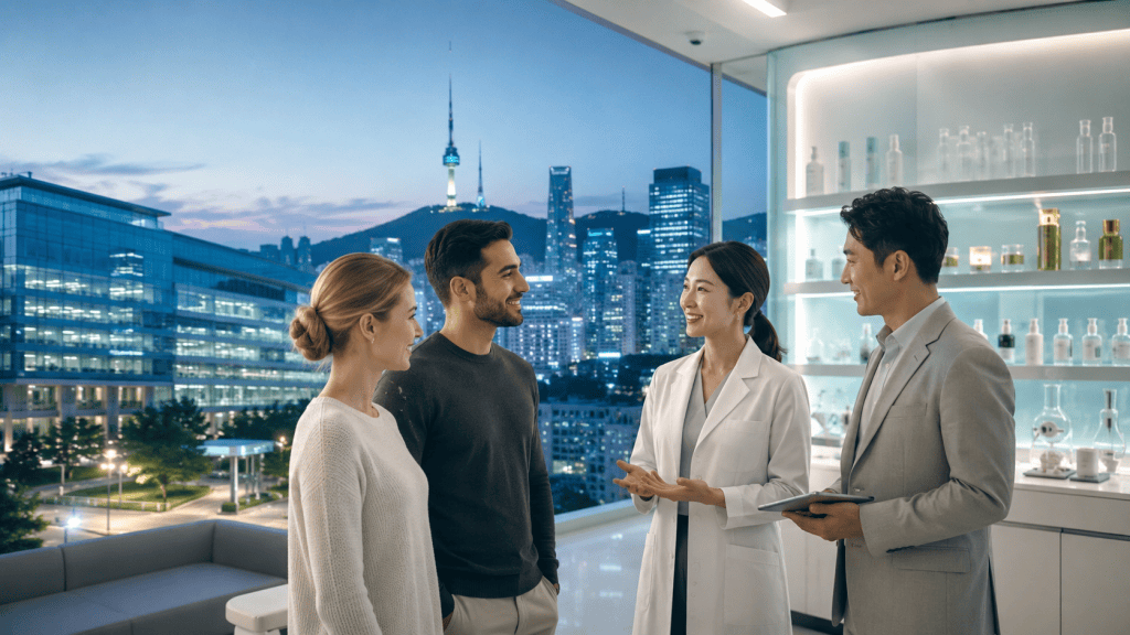 A group of four people discussing in a modern skincare clinic with a city skyline view at dusk.