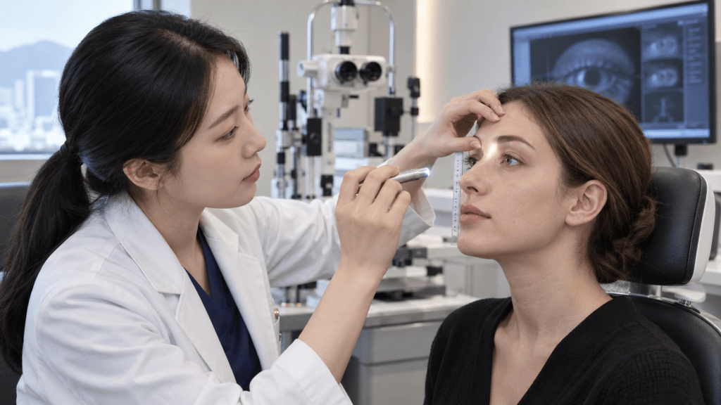 An eye doctor in a white lab coat examines a patient in an ophthalmology clinic, using a measuring instrument on the patient's eye.