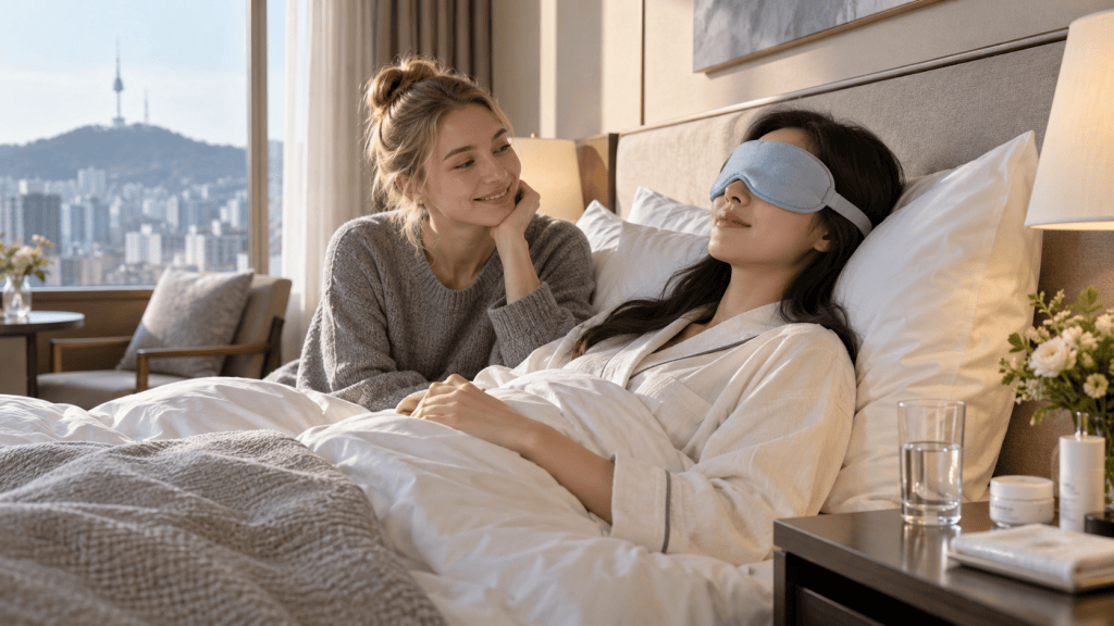 A woman wearing a sleep mask relaxes in bed while another woman sits beside her, smiling. The room has a cozy ambiance with a city view and soft bedding.