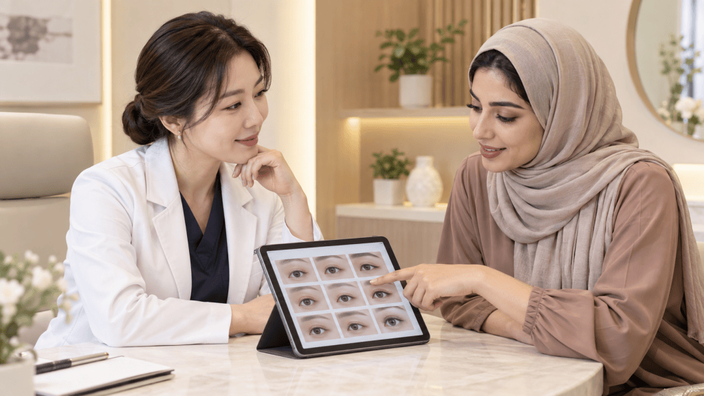 A healthcare professional in a white coat discusses eye images on a tablet with a woman wearing a beige headscarf in a modern clinic setting.