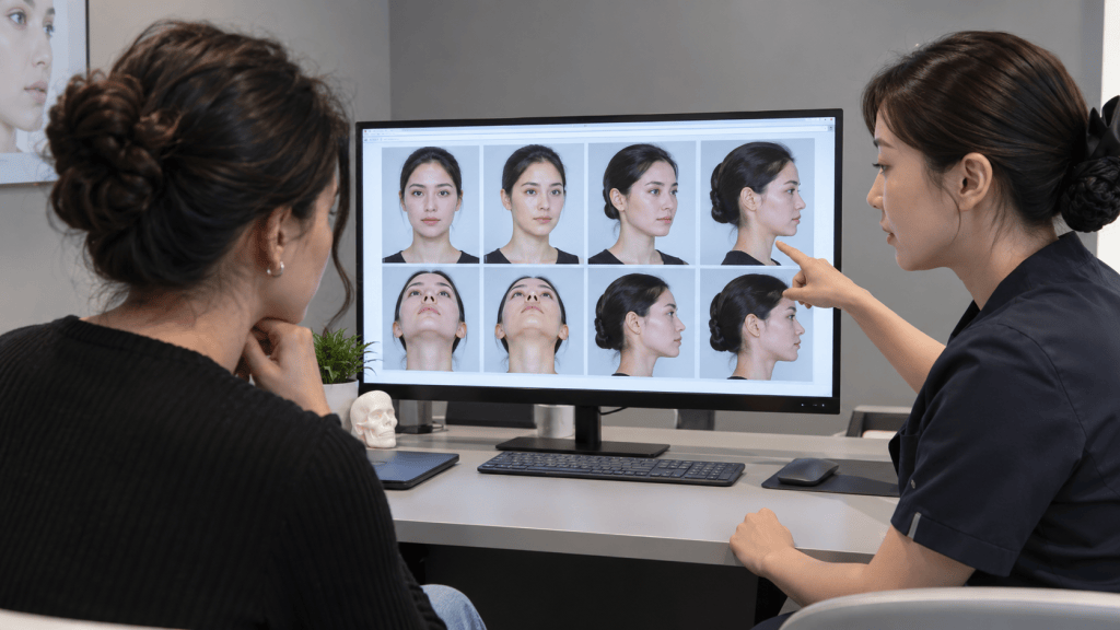 A healthcare professional discussing facial analysis with a client, pointing to a computer screen displaying multiple angles of female faces.