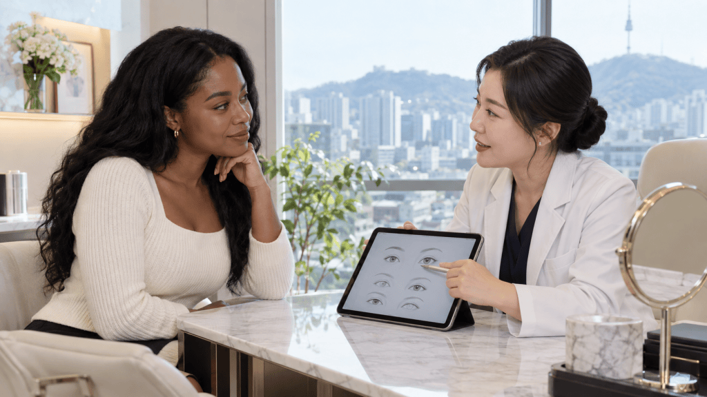 A woman in a white sweater engages in a conversation with a healthcare professional in a white lab coat, who is showing eye illustrations on a tablet. The background features a cityscape view.
