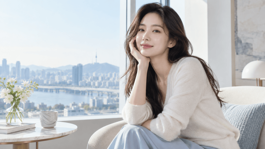 A woman with long hair sitting comfortably in a modern living room, smiling and resting her chin on her hand, with a city skyline view in the background.