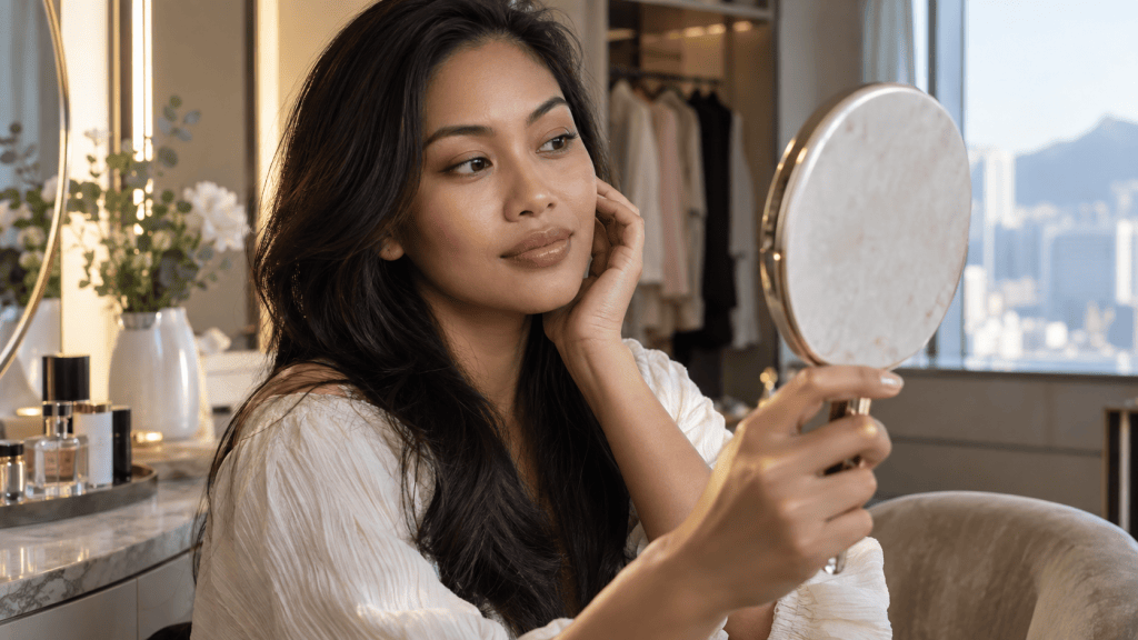 A woman sitting in a well-lit room, looking at her reflection in a handheld mirror, with a soft expression and long hair.