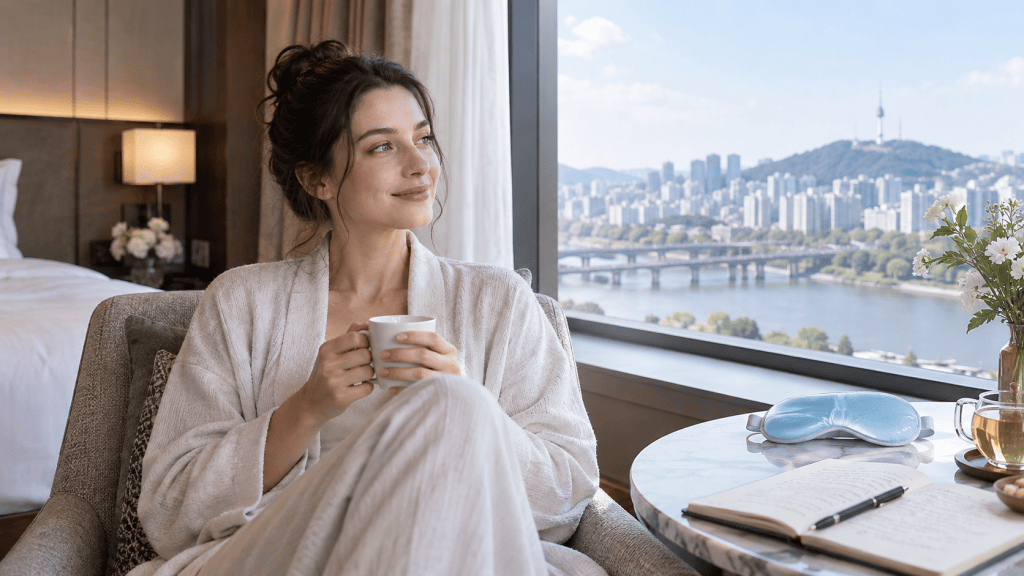 A woman sitting in a cozy chair wearing a bathrobe, holding a cup, while enjoying a scenic view of a city with a river and mountains in the background.