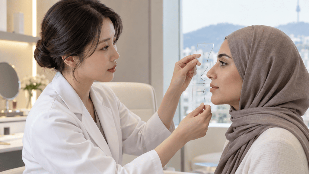 A female aesthetician in a white coat examines a woman's profile, holding a clear template near her face, in a modern clinic setting.