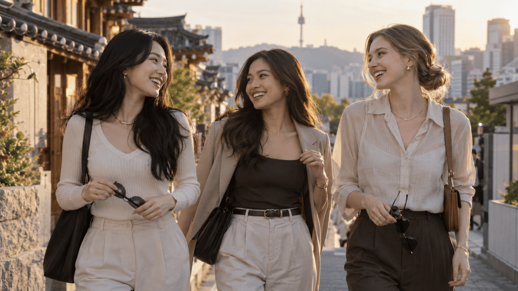 Three women walking together and smiling in a scenic urban environment during sunset, with traditional architecture and modern skyscrapers in the background.