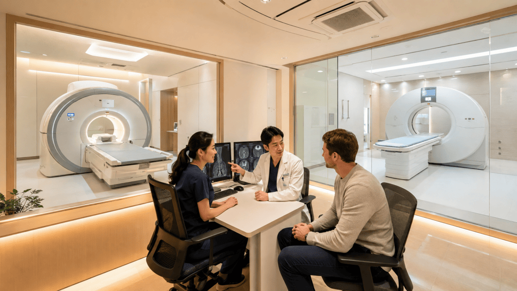 A doctor discusses medical imaging results with a patient and a nurse in a modern medical office, with an MRI machine visible through a glass partition.
