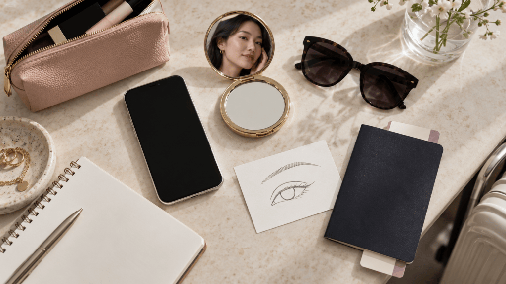 A flat lay image of a stylish workspace featuring a pink cosmetic bag, a smartphone, a compact mirror reflecting a woman, sunglasses, a sketch of an eye, a dark notebook, a spiral notepad, a pen, and a small dish with jewelry.