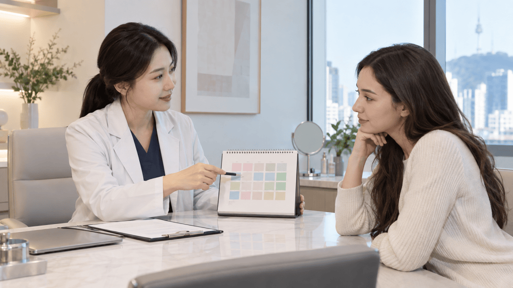 A female doctor in a white coat discussing a color chart with a patient in a clinical office setting.