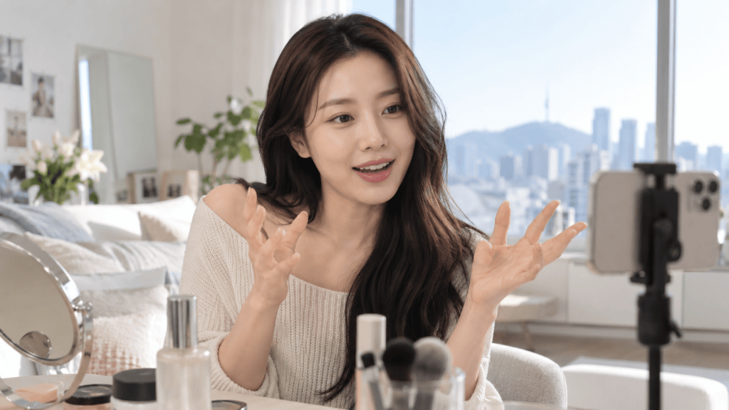 A woman sitting in a bright room, engaged in a conversation while gesturing towards a smartphone on a tripod. She is surrounded by makeup products and a mirror, with a city skyline visible in the background.