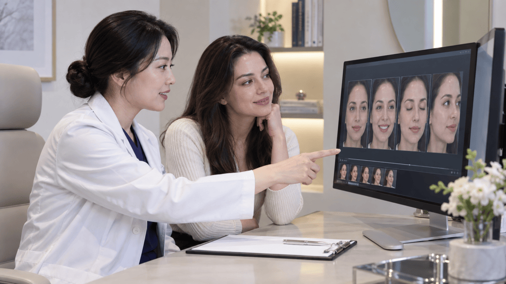 A medical professional in a white coat and a client sitting in an office, examining facial images on a computer screen, discussing aesthetic treatment options.