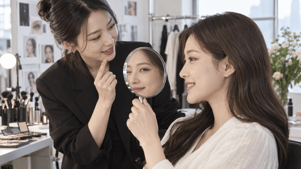 A makeup artist smiles while guiding a client, who is looking at herself in a handheld mirror, in a well-lit makeup studio filled with beauty products and photographs.