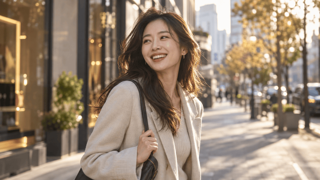 A young woman with long hair smiles while walking down a city street, wearing a light-colored coat and carrying a bag. The background features storefronts and trees, illuminated by sunlight.