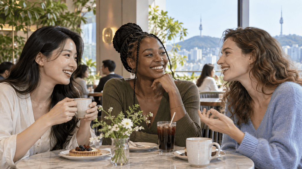 Three women laughing and enjoying coffee together in a bright, modern cafe with a view of a city skyline.