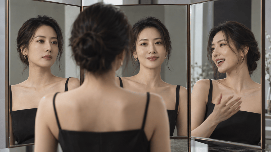 A woman in a black dress looks at her reflection in multiple mirrors, showcasing different angles of her face while appearing contemplative and engaging.