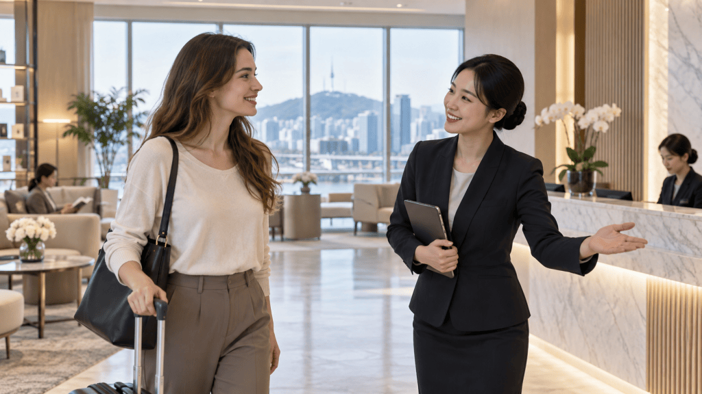 A smiling woman with a suitcase being welcomed by a hotel staff member in a modern lobby with large windows and city views.
