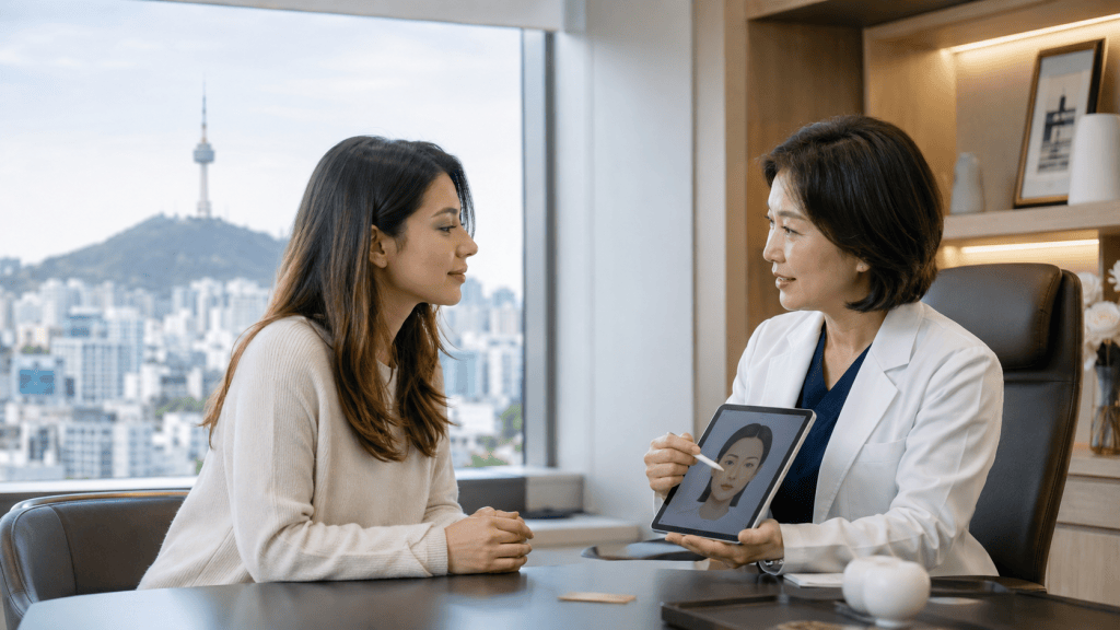 A doctor explains a facial treatment to a patient using a tablet, with a city skyline in the background.