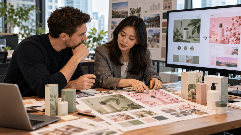 A man and a woman discussing design concepts in an office setting, surrounded by printed materials, packaging samples, and a computer screen displaying graphic designs.