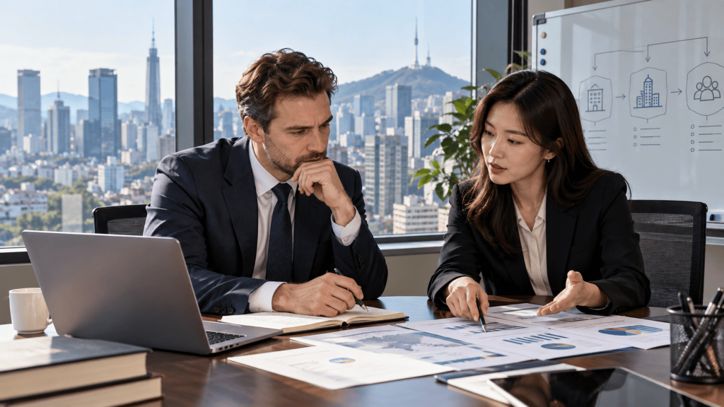 A man and a woman in business attire discussing data and charts in a modern office with city views.