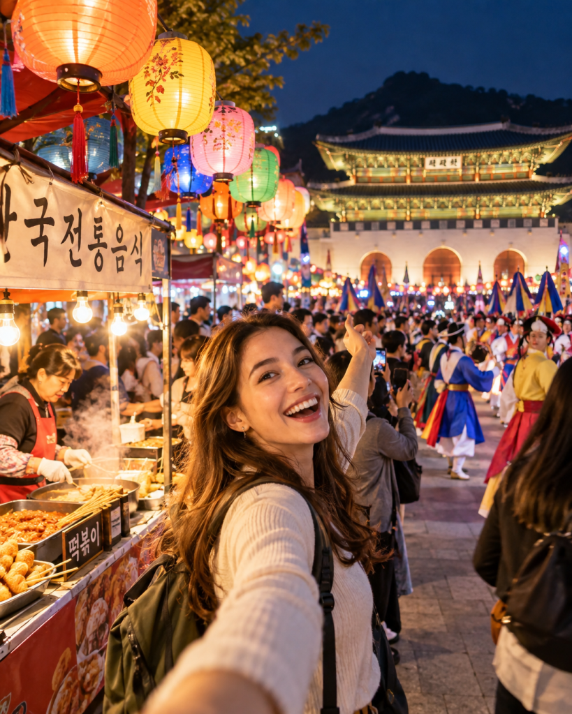 A young woman smiling and taking a selfie at a vibrant night market, surrounded by colorful lanterns and food stalls, with a historical building in the background.