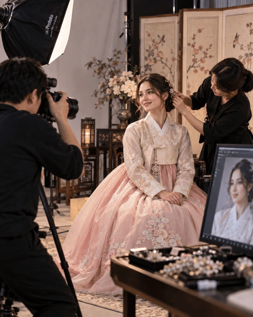 A woman in a traditional pink hanbok sits for a photoshoot while being styled by a makeup artist. A photographer captures the scene with a studio light in the background, and a computer screen displays a preview of the photo.