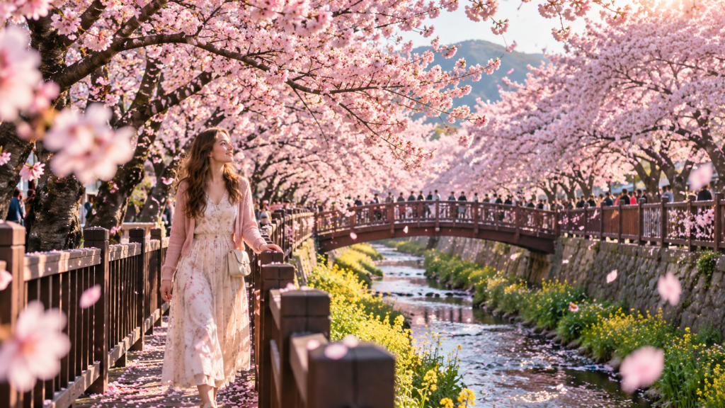 A woman walking along a path lined with cherry blossom trees, enjoying the serene scenery near a small stream and bridge.