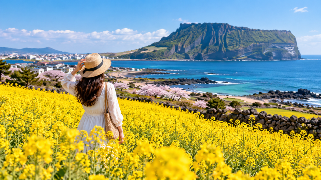 A woman in a white dress and straw hat stands in a field of yellow flowers, looking towards a coastline with a large rock formation and blue ocean in the background.
