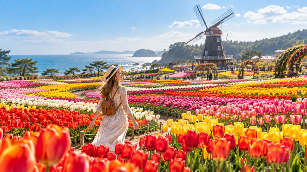 A woman walking through a vibrant tulip field with various colors, a windmill in the background, and the ocean visible under a clear blue sky.