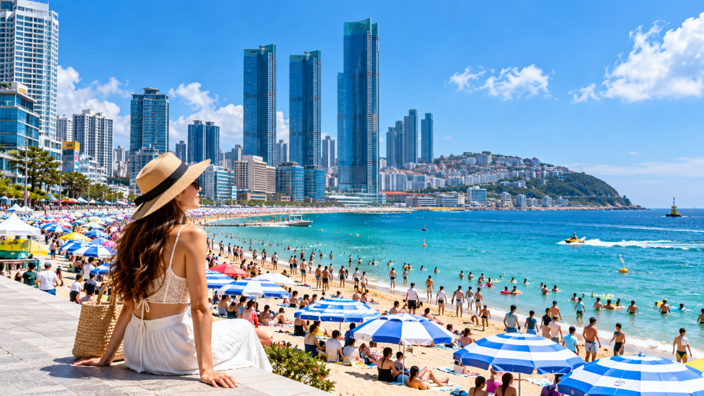 A woman in a straw hat sits on a seaside promenade, looking out at the beach and a busy ocean scene with tall buildings in the background, colorful umbrellas, and people enjoying the water.