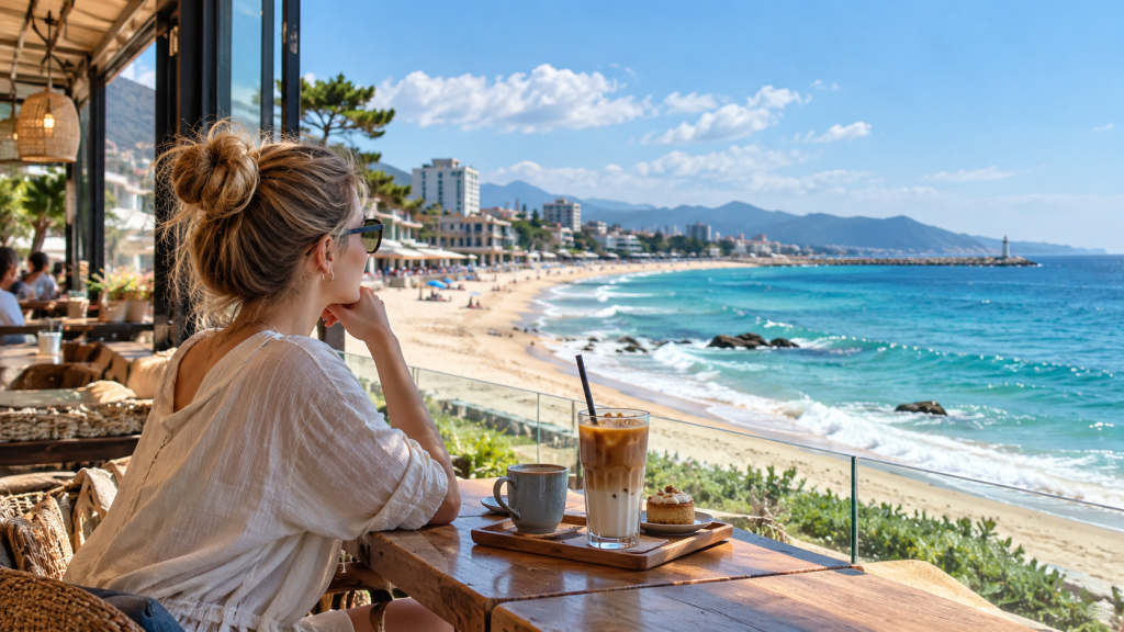 A woman with sunglasses seated at a wooden table, looking out at a beach view. Beside her, a glass of iced coffee and a dessert on a plate. The scenery includes a sandy beach, waves, and distant mountains under a blue sky.