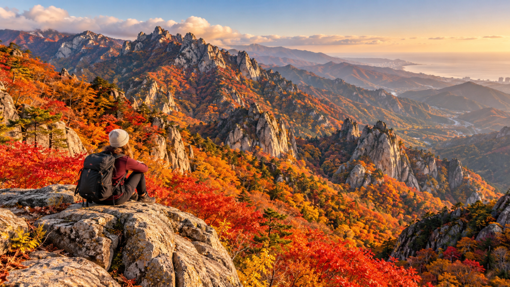 A hiker sitting on a rock, overlooking a vibrant autumn landscape with colorful trees and mountains at sunset.