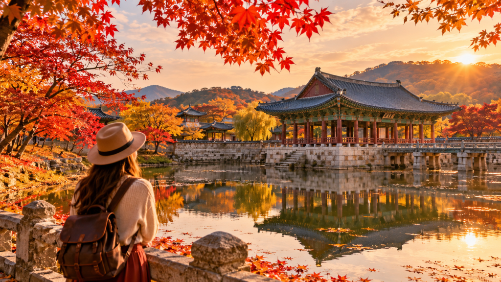 A person sits by a tranquil pond surrounded by vibrant autumn foliage, gazing at a traditional pavilion reflected in the water under a sunset sky.