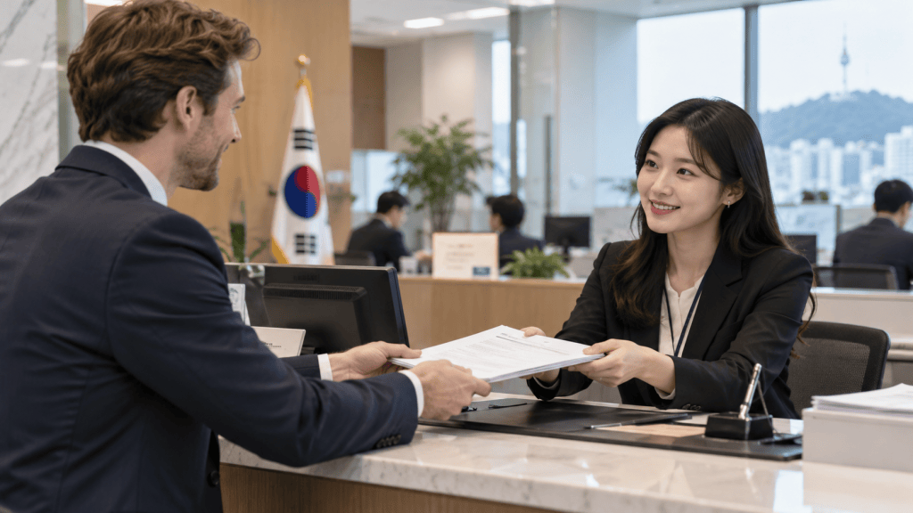 A businesswoman handing documents to a businessman at a reception desk in an office environment, with a flag visible in the background.