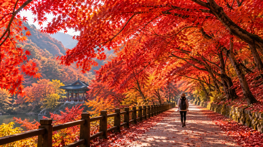 A person walking along a scenic path lined with vibrant red autumn leaves, with a traditional pavilion in the background near a lake.