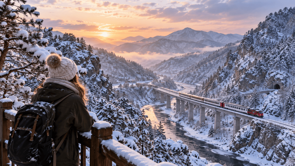 A person wearing a winter hat stands on a wooden lookout, overlooking a snow-covered valley at sunset. A train crosses a bridge over a river, surrounded by mountains and trees blanketed in snow.