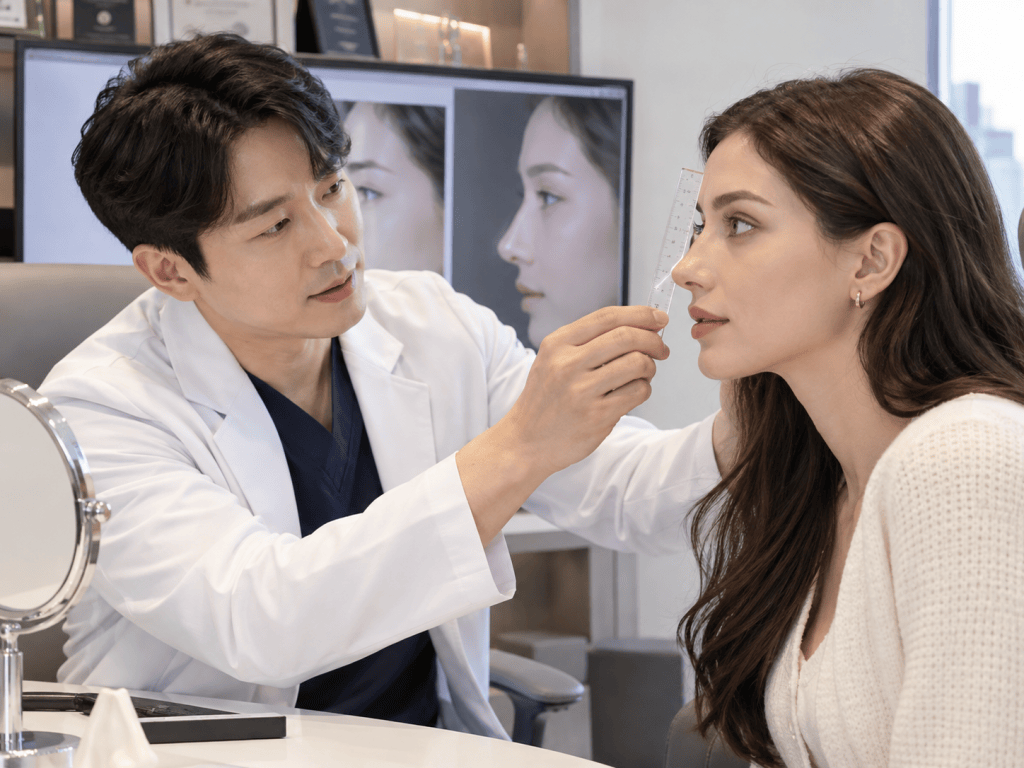 A medical professional in a white coat examines a woman's profile using a ruler for measurements in a modern clinic setting.